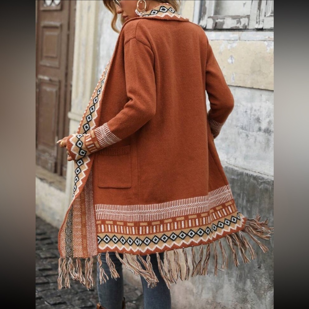 Bohemian Fringe Front Pocket Long Open Knit Cardigan Sweater - Picture 2 of 6
